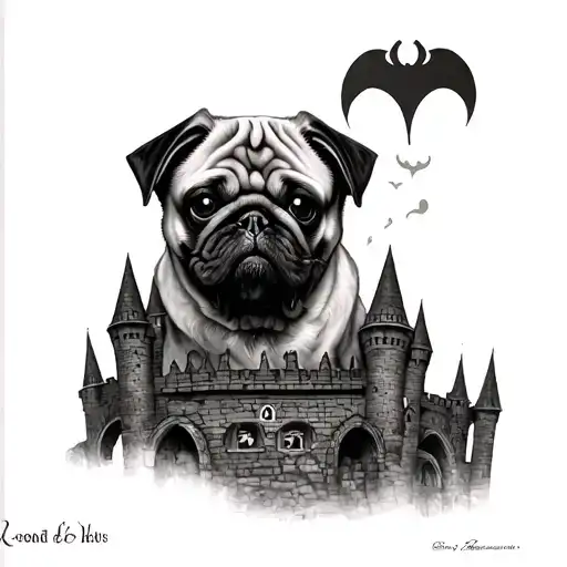 pug dracula castle tattoo design idea