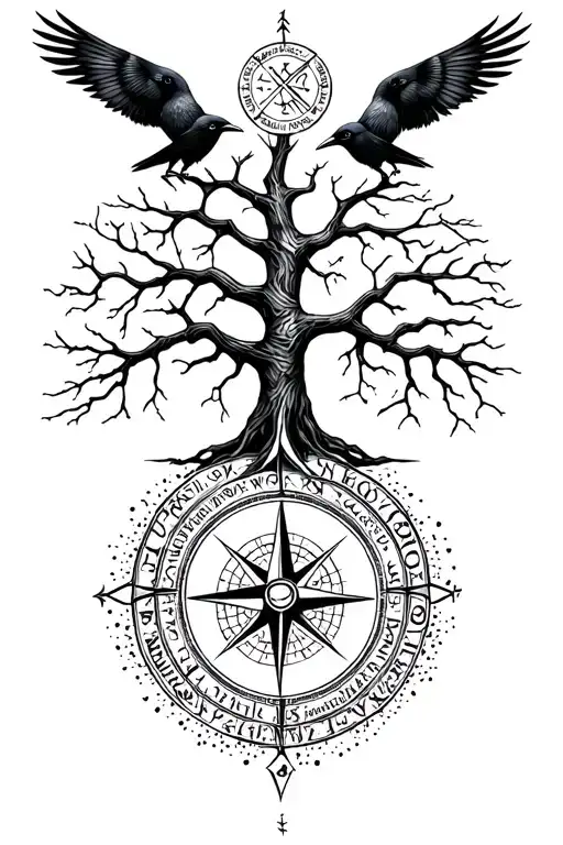 tree of life with Nordic compass surrounded by Nordic runes reading "not all those who wonder are lost" with crows  tattoo design idea