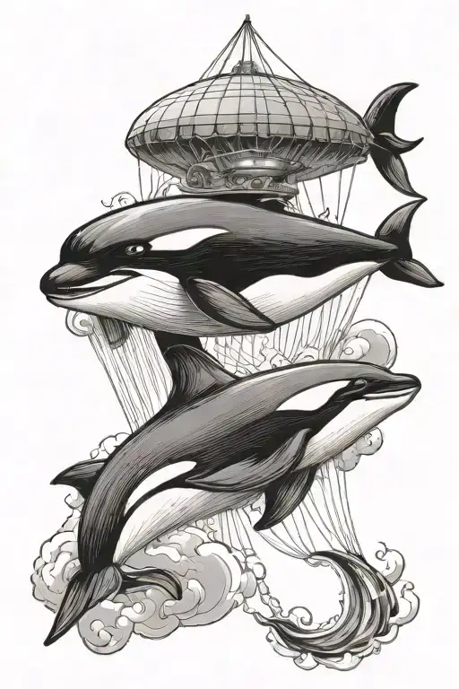 angry killer whale and parachute tattoo design idea