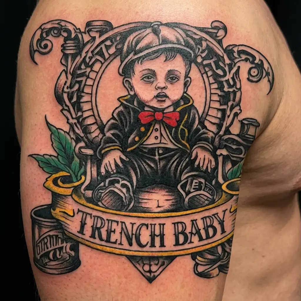 gangster baby sitting infront of a trap house that say trench baby tattoo design idea