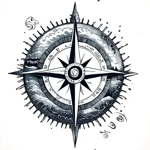 Compass in the middle, right motif sea, left motif forest tattoo design idea