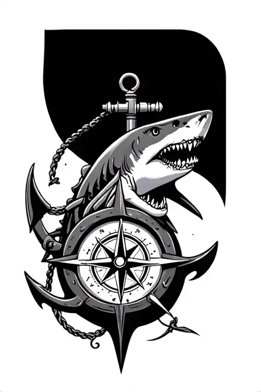 boat anchor and compass shark emerging tattoo design idea