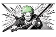 The character Zoro de One Piece in moments of action with his swords and visual effects with a sinister smile tattoo design idea