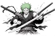 The character Zoro de One Piece in moments of action with his swords and visual effects with a sinister smile tattoo design idea