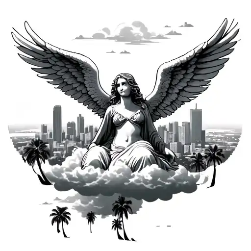 angels on a cloud looking over a los angeles skyline with palm trees  tattoo design idea