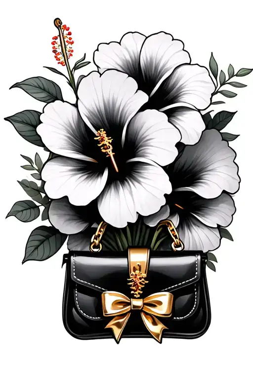 bouquet of hibiscus flowers with a black purse charm with a gold bow tattoo design idea