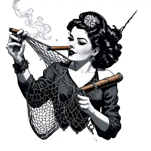 A pin-up style woman smoking a cigar while holding a fishing net tattoo design idea