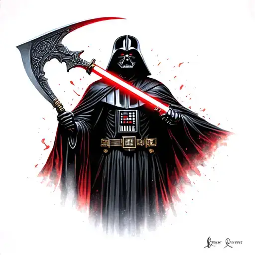 Full body grim reaper with a head like darth vader and a red lightsabre scythe tattoo design idea