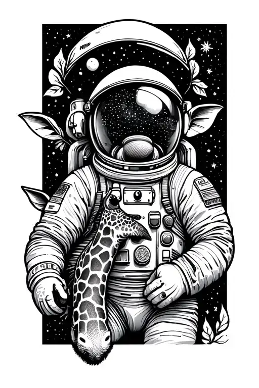 cute astronaut and giraffe peaceful tattoo design idea