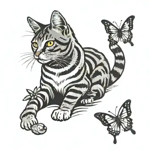 grey and black tabby cat with a butterfly perched on its paw tattoo design idea