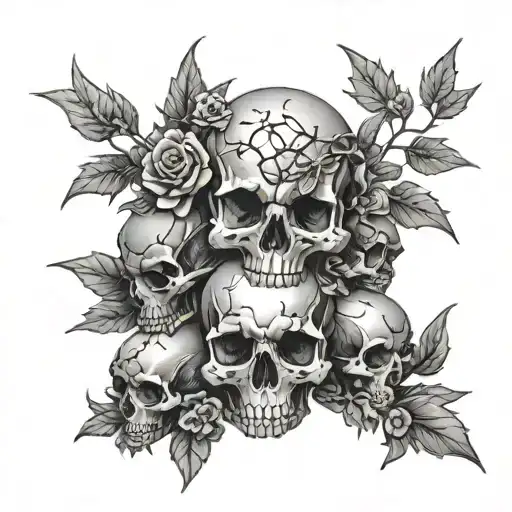 Little skulls places around a ? style engraving with thorns tattoo design idea