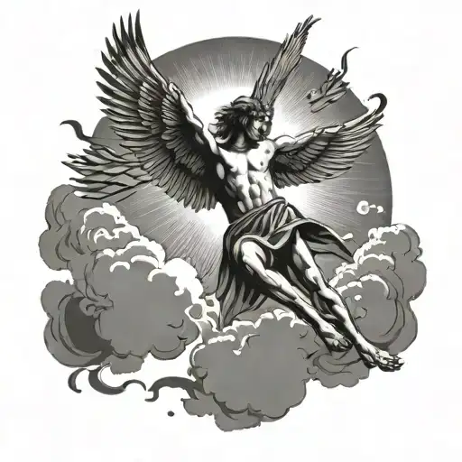 Icarus falling from sky with sun tattoo design idea