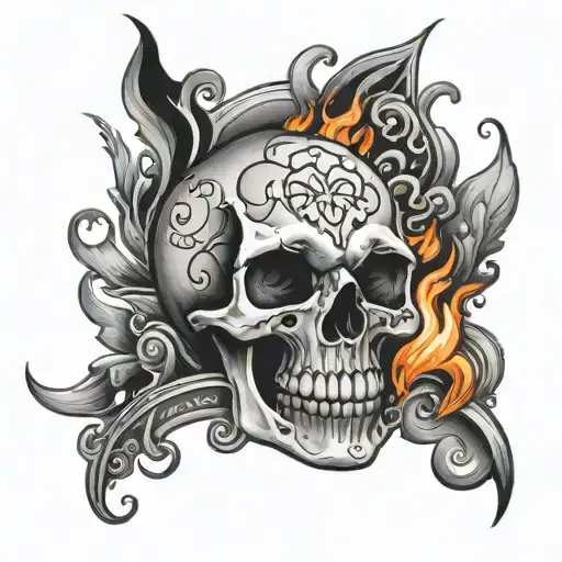 skull with flaming heart with words obsessed tattoo design idea