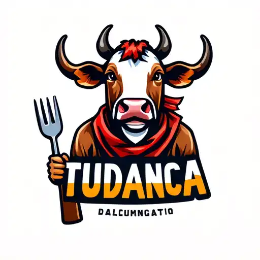 Funny mascot logo,Tudanca cow smiling with horns, wearing a red scarf,holding a fork, rustic lettering that says TUDANCA tattoo design idea