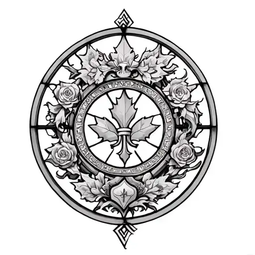 Rose Window with lion and fleur de lys and maple leaf tattoo design idea