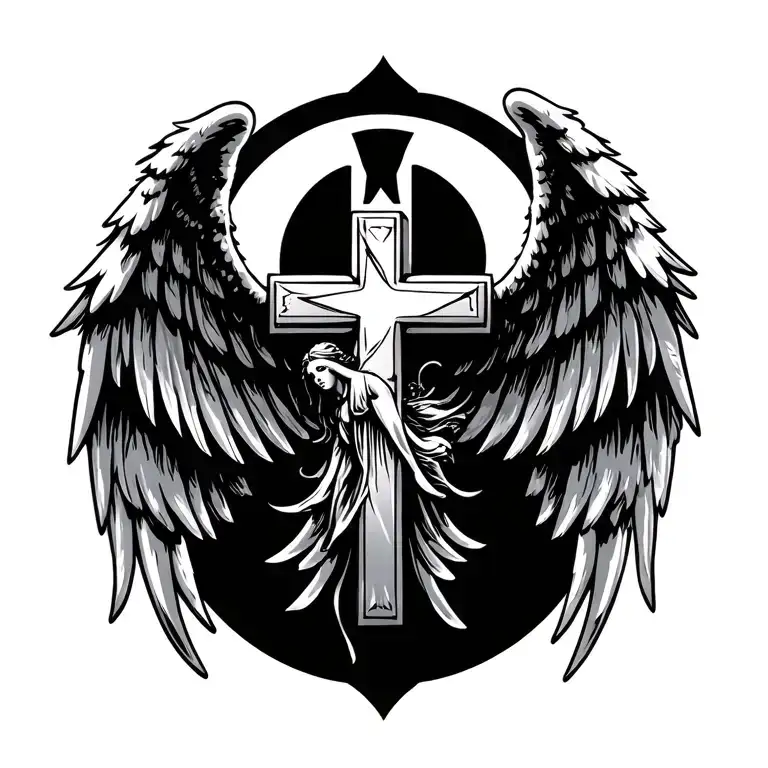 cross with angel wings tattoo design idea