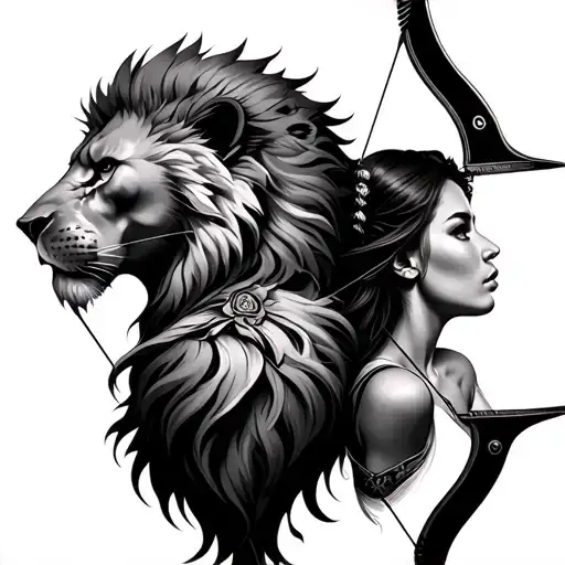 lion head back to back w female archer  tattoo design idea