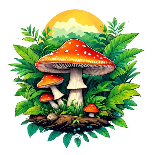 jungle scene with magic mushroom tattoo design idea
