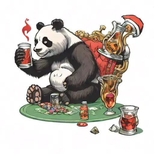 A Cartoon panda bear and a red Welsh dragon playing poker together, the panda bear is pouring a glass of Jack Daniels wh tattoo design idea