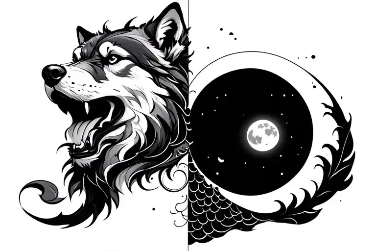 Graphics, a wolf with scales that roll from his mouth. On one side of the scales the sun, and on the other bowl - the lunar month tattoo design idea