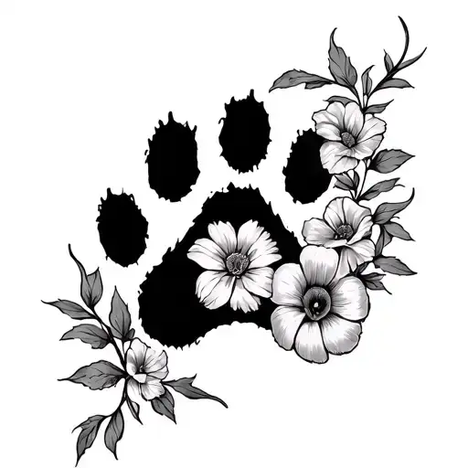aster and morning glory vine around paw print tattoo design idea