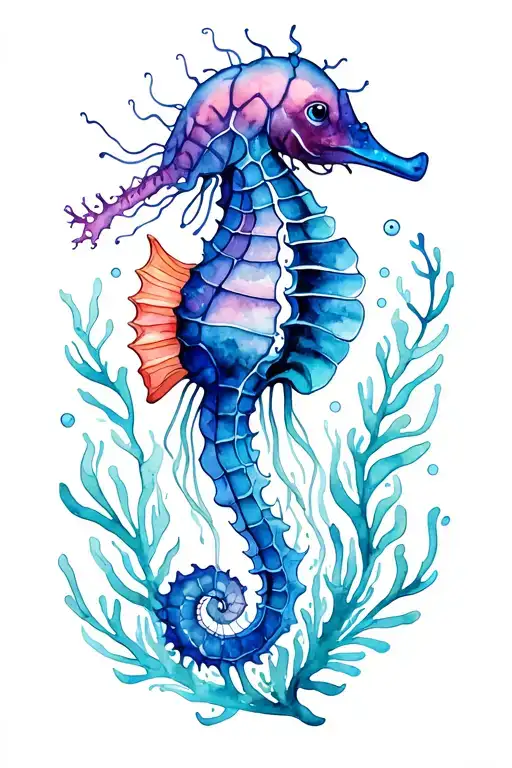 Aquatic and beachy with kelp, a swimming seahorse, a jellyfish, and coral tattoo design idea