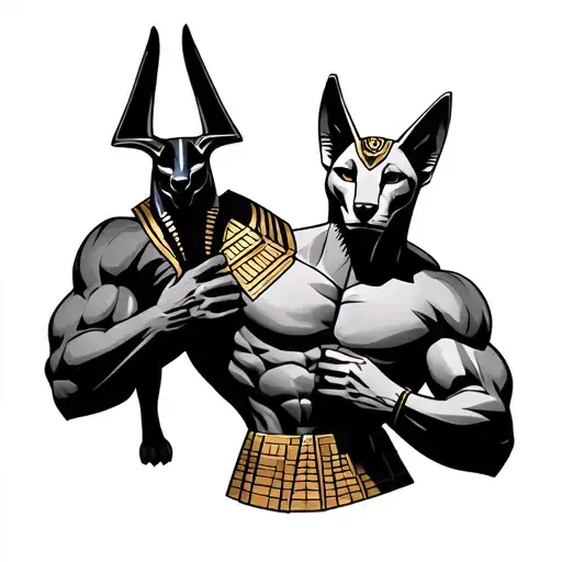 Anubis with big muscles holding a jackal form with pyramid tattoo design idea
