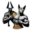Anubis with big muscles holding a jackal form with pyramid tattoo design idea