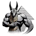 Anubis with big muscles holding a jackal form with pyramid tattoo design idea