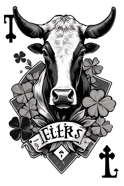 cow soul, welder, cross, four leaf clover, playing cards, TH stamp, and name  tattoo design idea