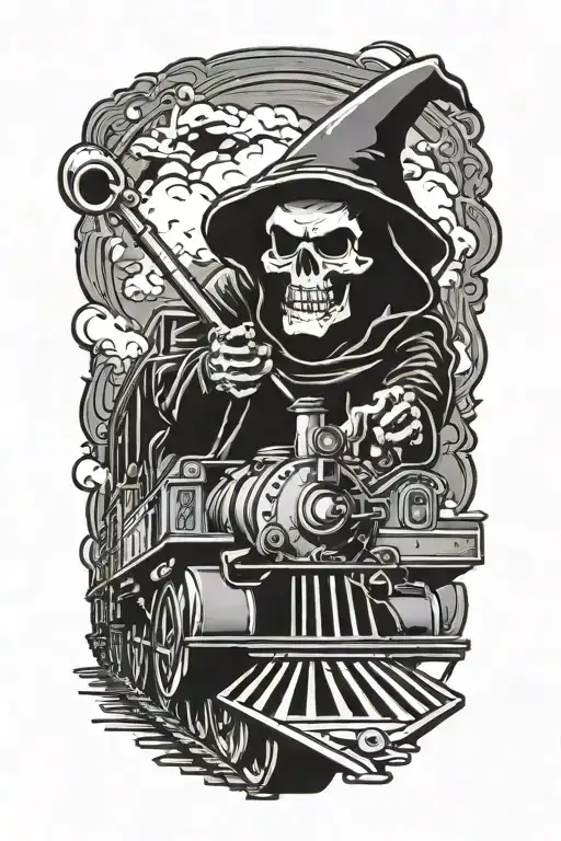 Grim Reaper driving an evil railroad train like rat fink tattoo design idea