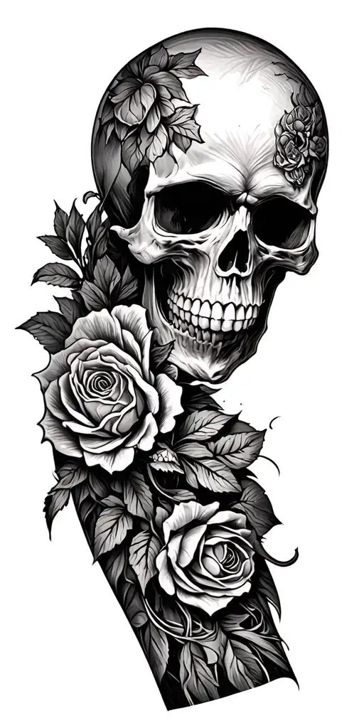 skull soft shading more line work leg sleeve tattoo design idea