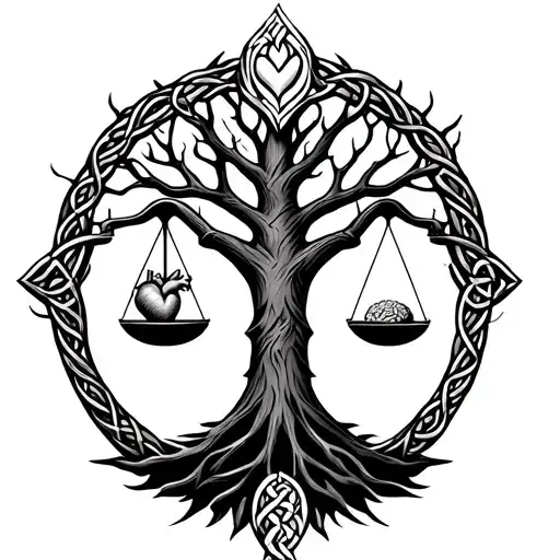a celtic tree of life with a set of scales in front of and seperate with a heart on one scale and a brain on the other  tattoo design idea