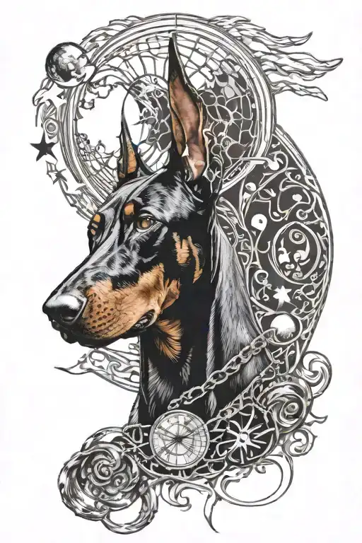 Doberman with scales on which the moon and the sun are balanced tattoo design idea
