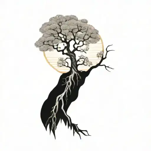 tree of life with roots reaching deep, snow capped mountains with sunrise behind tree of life, cherry blossoms in roots tattoo design idea