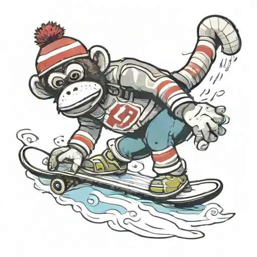 a sock monkey riding on a snowboard tattoo design idea