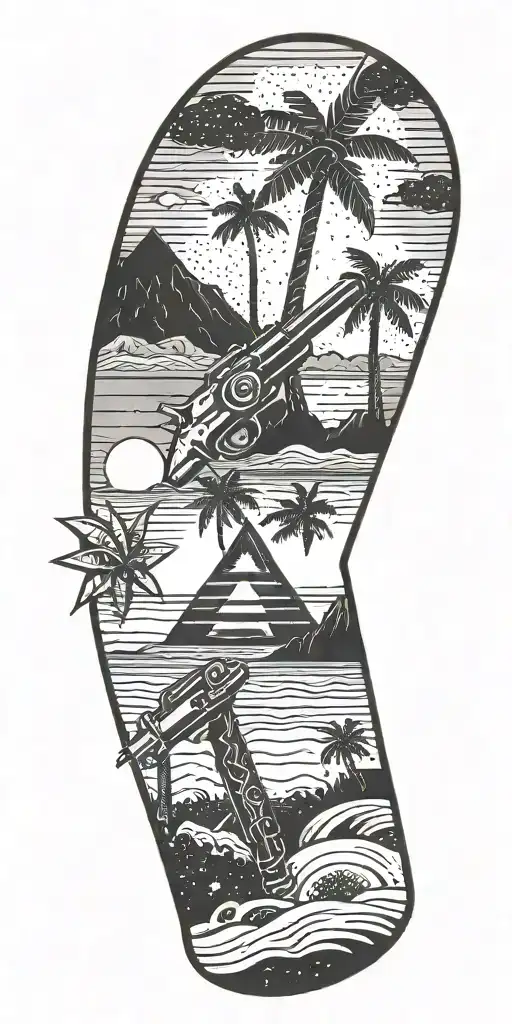 outer space, palm tree, galaxy, pyramid, shoal wintergreen dip can in the sand with a sunset, ray gun,  tattoo design idea