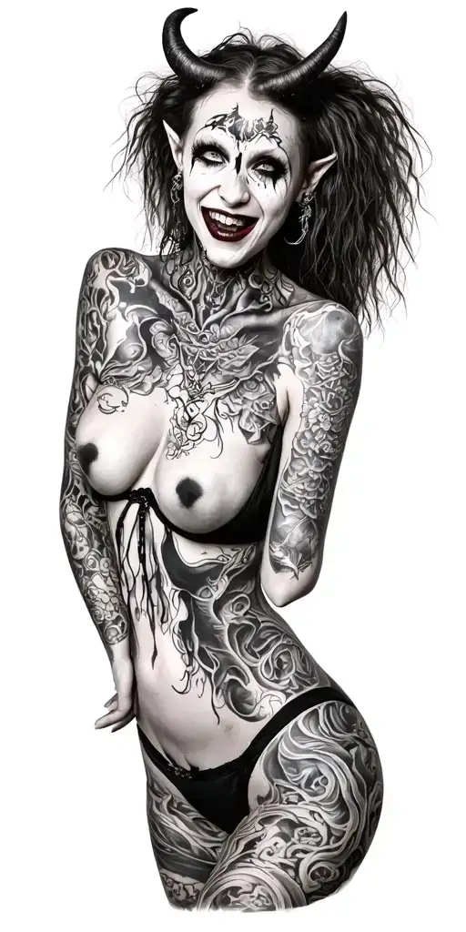 Sexy thick Girl, petite, big boobs, wide hips, G-String. Messy hair, vampire, horns, sexual. Seductive smile. Full Body tattoo design idea