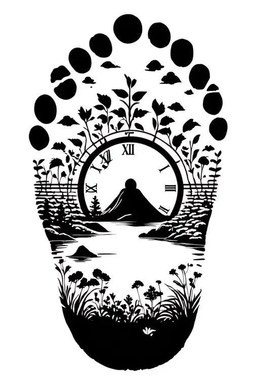 son foot print, nature scene, time piece tattoo design idea