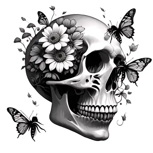 flowers and mushrooms coming out of a skull with butterflies or bees tattoo design idea