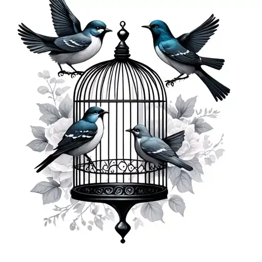 Create a tattoo design that has three birds and a birdcage. One bird in the cage. One bird about to leave the cage. And  tattoo design idea
