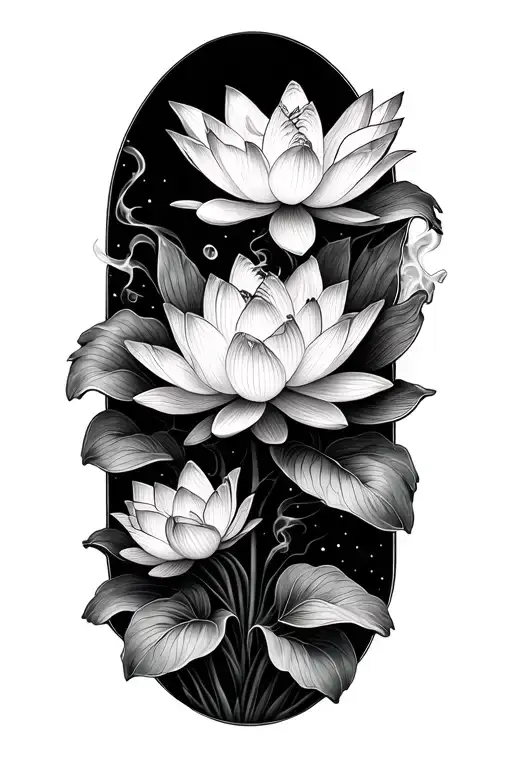 lotus flower with butterflies on the pettles with and smoke flowing through the flower (no stem) tattoo design idea
