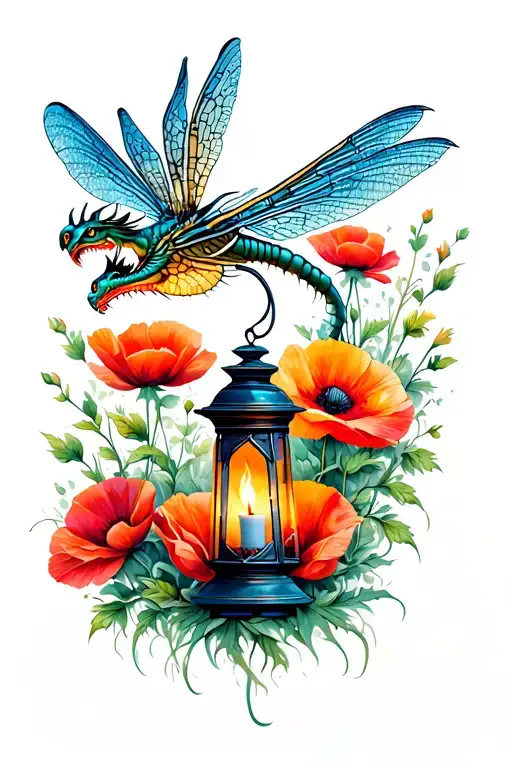 photo realistic sleeve featuring a dragon fly, a lantern with the candle burning out, and gorgeous poppy flowers  tattoo design idea