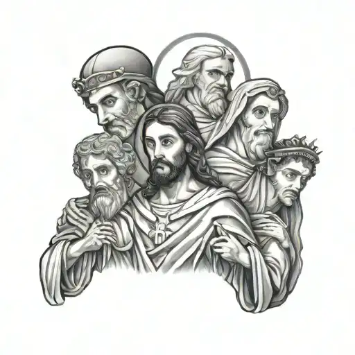 Jesus, Saint Anthony, Saint Joseph, Saint Expedite, Our Lady tattoo design idea