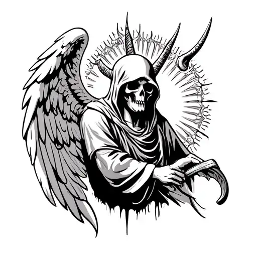 Angel with a horn and sun shining to compliment a grim reaper tattoo tattoo design idea