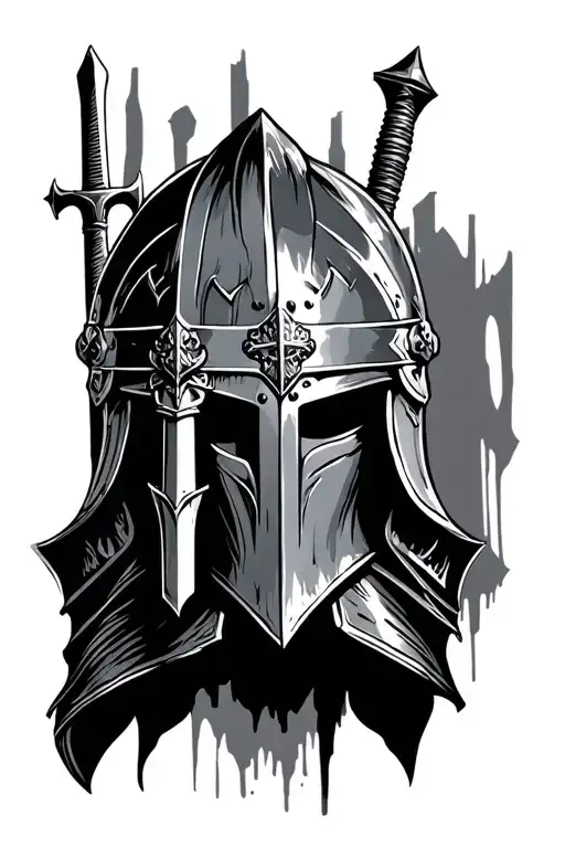 Crusader Topfhelm with Weapons in the background tattoo design idea