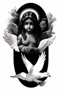 Chicano style Cherub with white dove with a halo on one of them and smoke backround tattoo design idea