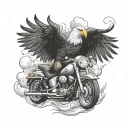A bald eagle smoking a cigar while riding a motorcycle through a cloud of smoke tattoo design idea
