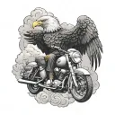 A bald eagle smoking a cigar while riding a motorcycle through a cloud of smoke tattoo design idea
