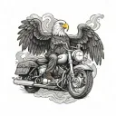 A bald eagle smoking a cigar while riding a motorcycle through a cloud of smoke tattoo design idea